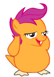 Size: 180x256 | Tagged: safe, banned from derpibooru, deleted from derpibooru, derpibooru import, scootaloo, psyduck, chickun, exploitable meme, faic, forced meme, meme, pokémon, solo