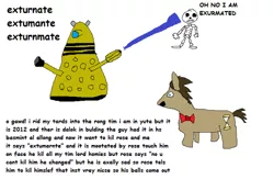 Size: 500x326 | Tagged: safe, artist:dellovan, banned from derpibooru, deleted from derpibooru, derpibooru import, doctor whooves, time turner, comic sans, dalek, digital art, doctor who, literary masterpiece, ms paint, stylistic suck, wat