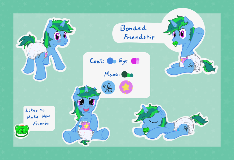 Size: 2631x1798 | Tagged: questionable, artist:vitriolink, banned from derpibooru, deleted from derpibooru, derpibooru import, oc, oc:bonded friendship, unofficial characters only, diaper, diaper fetish, fetish, pacifier, reference sheet