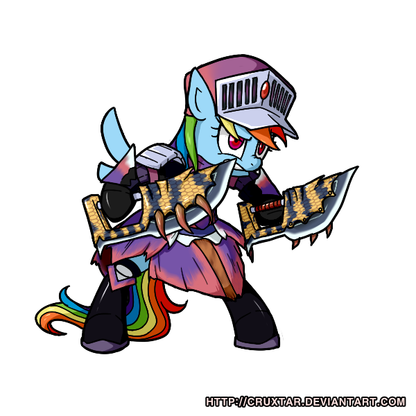 Size: 600x600 | Tagged: safe, artist:cruxtar, banned from derpibooru, deleted from derpibooru, derpibooru import, rainbow dash, pony, armor, bipedal, blade, dual blades, fantasy class, hat, monster hunter, simple background, solo, transparent background, warrior, weapon