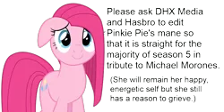 Size: 952x480 | Tagged: safe, banned from derpibooru, deleted from derpibooru, derpibooru import, pinkie pie, michael morones, solo, text