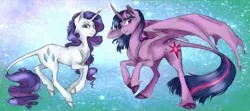 Size: 1024x454 | Tagged: safe, artist:ari-uzumaki-elric, banned from derpibooru, deleted from derpibooru, derpibooru import, rarity, twilight sparkle, twilight sparkle (alicorn), alicorn, classical unicorn, unicorn, cloven hooves, leonine tail, size problem, unshorn fetlocks