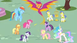 Size: 800x450 | Tagged: safe, banned from derpibooru, deleted from derpibooru, derpibooru import, applejack, fluttershy, pinkie pie, princess celestia, rainbow dash, rarity, scootaloo, twilight sparkle, chickun, exploitable meme, faic, forced meme, mane six, meme