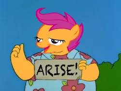 Size: 500x375 | Tagged: safe, banned from derpibooru, deleted from derpibooru, derpibooru import, scootaloo, arise, chickun, exploitable meme, faic, fat, forced meme, meme, moo-moo