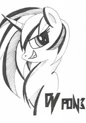 Size: 2409x3436 | Tagged: safe, artist:sparkdraws, banned from derpibooru, deleted from derpibooru, derpibooru import, vinyl scratch, bust, image, monochrome, png, portrait, simple background, solo, traditional art, white background