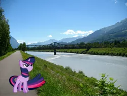 Size: 3648x2736 | Tagged: safe, artist:hawk9mm, artist:laopokia, banned from derpibooru, deleted from derpibooru, derpibooru import, twilight sparkle, pony, bridge, irl, photo, ponies in real life, river, shadow, solo, train, windswept mane