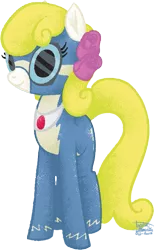 Size: 571x926 | Tagged: safe, artist:ponyshot, banned from derpibooru, deleted from derpibooru, derpibooru import, oc, oc:yellowstar, unofficial characters only, earth pony, pony, fanfic:the star in yellow, clothes, female, flower, flower in hair, goggles, mare, simple background, solo, transparent background, uniform, wonderbolts, wonderbolts uniform