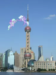 Size: 2616x3488 | Tagged: safe, artist:fukaketsu, artist:laopokia, banned from derpibooru, deleted from derpibooru, derpibooru import, cloudchaser, flitter, pony, building, china, harbor, hoofbump, irl, photo, ponies in real life, shanghai, ship, tower