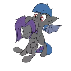 Size: 1000x1000 | Tagged: safe, artist:bakasan, banned from derpibooru, deleted from derpibooru, derpibooru import, oc, unofficial characters only, bat pony, pony, bipedal, biting, blushing, ear bite, fangs, leaning, one eye closed, shipping, smiling, wink