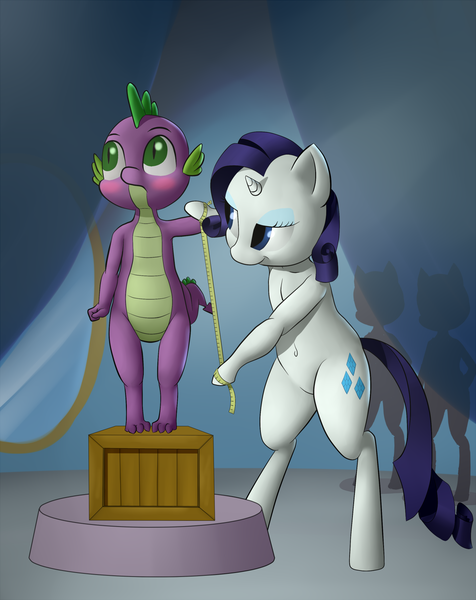 Size: 1179x1486 | Tagged: safe, artist:roxenmage, banned from derpibooru, deleted from derpibooru, derpibooru import, rarity, spike, pony, belly button, bipedal, blushing, measuring tape