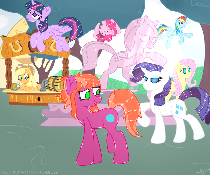 Size: 3000x2500 | Tagged: safe, artist:ask-sandseeker, artist:asksweettart, banned from derpibooru, deleted from derpibooru, derpibooru import, applejack, fluttershy, pinkie pie, rainbow dash, rarity, sweet tart, twilight sparkle, alicorn, apple stand, flying, fountain, fun, mane six, ponyville, twilight sparkle (alicorn)