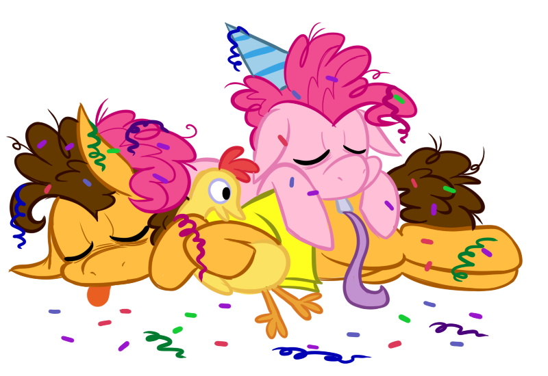 Size: 800x550 | Tagged: safe, artist:karpet-shark, banned from derpibooru, deleted from derpibooru, derpibooru import, cheese sandwich, pinkie pie, after party, hat, party hat, rubber chicken, sleeping, streamers, tired, tongue out