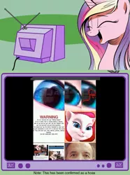 Size: 564x760 | Tagged: safe, banned from derpibooru, deleted from derpibooru, derpibooru import, princess cadance, app, cadance laughs at your misery, exploitable meme, hoax, illegible, laughing, lowres, meme, obligatory pony, talking angela, talking friends, tv meme