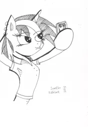 Size: 2409x3436 | Tagged: safe, artist:sparkdraws, banned from derpibooru, deleted from derpibooru, derpibooru import, oc, oc:sparky riddlefront, unofficial characters only, belly button, duckface, monochrome, phone, pose, selfie, solo