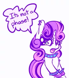 Size: 805x909 | Tagged: safe, artist:handsockz, banned from derpibooru, deleted from derpibooru, derpibooru import, sweetie belle, collar, metal belle, simple background, solo, speech bubble