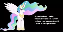 Size: 1370x702 | Tagged: safe, banned from derpibooru, deleted from derpibooru, derpibooru import, princess celestia, atheism, atheism vs religion, drama, god, hell, joke, religion, solo, torture