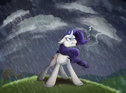 Size: 1233x911 | Tagged: dead source, safe, artist:php84, banned from derpibooru, deleted from derpibooru, derpibooru import, rarity, pony, unicorn, magical mystery cure, cloud, dark clouds, female, glowing horn, horn, lightning, magic, mare, rain, raincloud, solo, swapped cutie marks, thunderstorm, weather magic, windswept mane