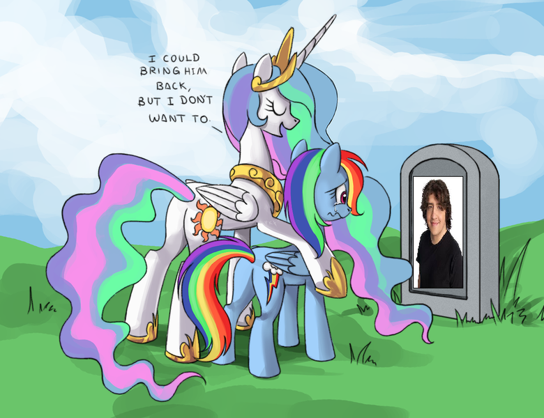 Size: 910x700 | Tagged: safe, banned from derpibooru, deleted from derpibooru, derpibooru import, princess celestia, rainbow dash, celestia's grave meme, craig mccracken, exploitable meme, gravestone, meme