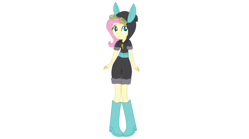 Size: 1744x972 | Tagged: safe, artist:milliezone, banned from derpibooru, deleted from derpibooru, derpibooru import, fluttershy, equestria girls, clothes, costume, dangerous mission outfit, goggles, hoodie, solo