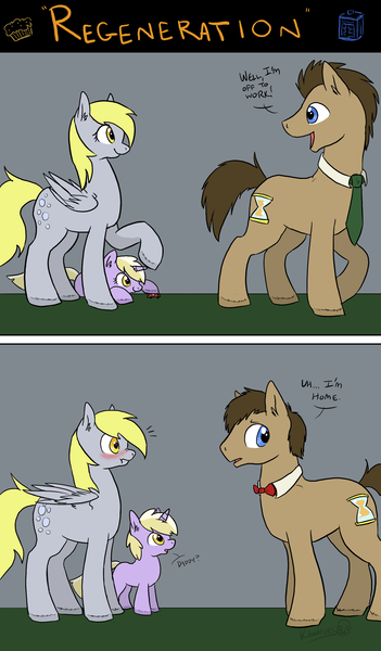 Size: 1800x3078 | Tagged: safe, artist:ghostwaffleheimer, banned from derpibooru, deleted from derpibooru, derpibooru import, derpy hooves, dinky hooves, doctor whooves, time turner, blushing, bow, bowtie, comic, doctorderpy, eleventh doctor, female, male, necktie, shipping, straight, tenth doctor