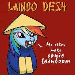 Size: 864x864 | Tagged: artist needed, safe, banned from derpibooru, deleted from derpibooru, derpibooru import, rainbow dash, chinese outfit, chinese text, comic, conical hat, hat, racism, solo, stereotype