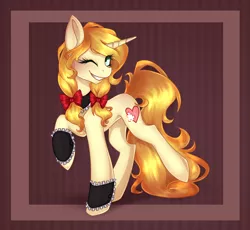 Size: 1304x1202 | Tagged: safe, artist:harmoniousrain, banned from derpibooru, deleted from derpibooru, derpibooru import, oc, oc:vive, unofficial characters only, bow, cuffs (clothes), hair bow, one eye closed, raised hoof, solo, wink