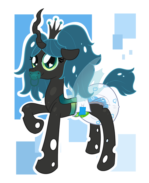 Size: 1485x1828 | Tagged: questionable, artist:vitriolink, banned from derpibooru, deleted from derpibooru, derpibooru import, queen chrysalis, ask crinkle bottom chrysalis, adult foal, cute, cutealis, diaper, diaper fetish, fetish, pacifier, poofy diaper, solo