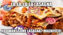Size: 800x450 | Tagged: safe, banned from derpibooru, deleted from derpibooru, derpibooru import, applejack, fluttershy, pinkie pie, rainbow dash, rarity, twilight sparkle, caption, chubbie, food, image macro, lasagna, meme, pasta, song reference, text, weird al yankovic