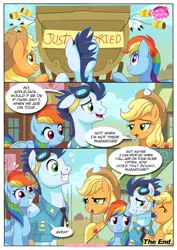 Size: 1024x1446 | Tagged: suggestive, artist:bbmbbf, banned from derpibooru, deleted from derpibooru, derpibooru import, applejack, rainbow dash, soarin', comic:a hot wedding, equestria untamed, a hot wedding, bisexual, blushing, comic, female, implied sex, just married, laughing, lesbian, male, palcomix, polyamory, shipping, soarindash, soarindashjack, straight