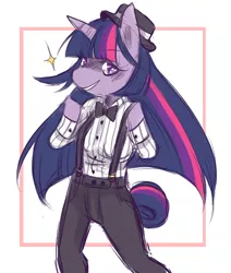 Size: 522x615 | Tagged: safe, artist:ladybeemer, banned from derpibooru, deleted from derpibooru, derpibooru import, twilight sparkle, anthro, clothes, solo, suit, suspenders