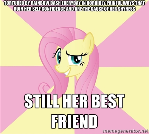 Size: 500x451 | Tagged: grimdark, banned from derpibooru, deleted from derpibooru, derpibooru import, fluttershy, rainbow dash, evil, meme, out of character, text, torture