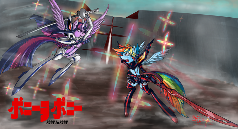 Size: 3075x1665 | Tagged: safe, artist:berndem-bones, banned from derpibooru, deleted from derpibooru, derpibooru import, rainbow dash, twilight sparkle, alicorn, semi-anthro, bakuzan, fight, junketsu, kill la kill, parody, ryuko matoi, satsuki kiryuin, scissor blade, senketsu, twilight sparkle (alicorn)