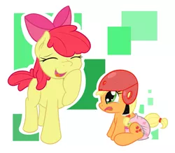 Size: 1351x1182 | Tagged: safe, artist:vitriolink, banned from derpibooru, deleted from derpibooru, derpibooru import, apple bloom, applejack, pony, age regression, baby, baby pony, diaper, female, filly, foal, helmet, poofy diaper