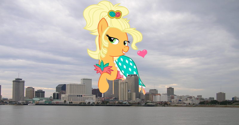 Size: 1500x784 | Tagged: safe, banned from derpibooru, deleted from derpibooru, derpibooru import, applejack, pony, applejewel, female, giant pony, giantess, highrise ponies, irl, louisiana, macro, new orleans, photo, ponies in real life, solo