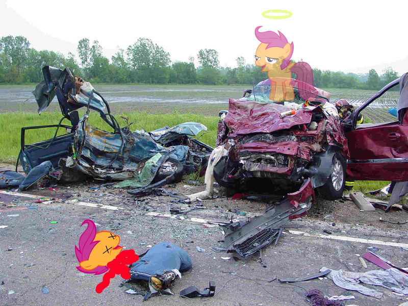 Size: 2272x1704 | Tagged: grimdark, banned from derpibooru, deleted from derpibooru, derpibooru import, scootaloo, angel, blood, car crash, chickun, death, exploitable meme, faic, forced meme, meme