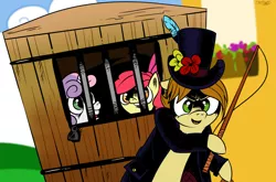 Size: 1010x666 | Tagged: safe, artist:catfood-mcfly, banned from derpibooru, deleted from derpibooru, derpibooru import, apple bloom, sweetie belle, oc, oc:mandopony, child catcher, chitty chitty bang bang, clothes, hat, implied foalcon, jacket, open mouth, smiling, top hat, whip