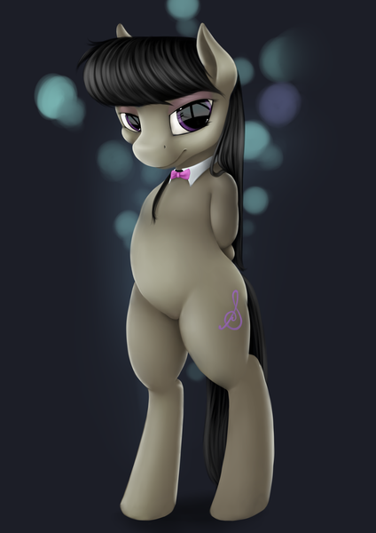 Size: 2893x4092 | Tagged: safe, artist:tres-apples, banned from derpibooru, deleted from derpibooru, derpibooru import, edit, octavia melody, semi-anthro, bipedal, bowties are cool, female, looking at you, nudity, solo, uncanny valley