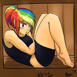 Size: 1000x1000 | Tagged: safe, artist:mimicpony, banned from derpibooru, deleted from derpibooru, derpibooru import, rainbow dash, human, barefoot, box, feet, frown, humanized, :i, ponytail, solo, sweat, wide eyes