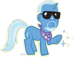 Size: 1000x789 | Tagged: safe, artist:ponyshot, banned from derpibooru, deleted from derpibooru, derpibooru import, trixie, pony, unicorn, beard, clothes, facial hair, kanye west, raised hoof, scarf, signature, simple background, solo, sunglasses, transparent background, what has magic done