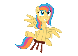 Size: 550x400 | Tagged: safe, artist:ashleynicholsart, banned from derpibooru, deleted from derpibooru, derpibooru import, oc, oc:golden gates, unofficial characters only, testing testing 1-2-3, animated, babscon, babscon mascots, grin, mascot, rocking, smiling, solo, spread wings, stool, stooldash, wings
