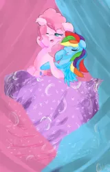 Size: 1805x2824 | Tagged: safe, artist:chaotixdemon, banned from derpibooru, deleted from derpibooru, derpibooru import, pinkie pie, rainbow dash, bed, colored, female, lesbian, pinkiedash, shipping, sleeping