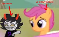 Size: 500x319 | Tagged: safe, banned from derpibooru, deleted from derpibooru, derpibooru import, scootaloo, gamzee makara, homestuck, military, the media, united states, wake up you fool