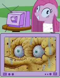 Size: 580x750 | Tagged: safe, banned from derpibooru, deleted from derpibooru, derpibooru import, pinkie pie, exploitable meme, image, jpeg, meme, obligatory pony, pinkamena diane pie, spongebob squarepants, spongebob squarepants (character), tea at the treedome, trypophobia, tv meme, uncanny valley, wat