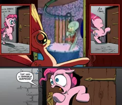 Size: 928x800 | Tagged: safe, banned from derpibooru, deleted from derpibooru, derpibooru import, pinkie pie, bathtub, exploitable meme, have you seen this snail?, meme, obligatory pony, spongebob squarepants, squidward tentacles, surprise door, x drops by squidward's house