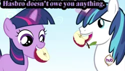 Size: 500x281 | Tagged: safe, banned from derpibooru, deleted from derpibooru, derpibooru import, shining armor, twilight sparkle, apple, bronyetiquette, caption, female, filly, foal, food, image macro, text