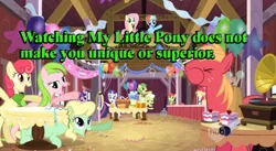 Size: 500x273 | Tagged: safe, banned from derpibooru, deleted from derpibooru, derpibooru import, apple bloom, applejack, big macintosh, fluttershy, granny smith, rainbow dash, rarity, twilight sparkle, bronyetiquette, caption, image macro, text