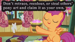 Size: 500x281 | Tagged: safe, banned from derpibooru, deleted from derpibooru, derpibooru import, scootaloo, bronyetiquette, bucket, caption, glitter, image macro, text