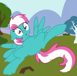 Size: 1020x1000 | Tagged: safe, artist:sjart117, banned from derpibooru, deleted from derpibooru, derpibooru import, spring step, sunlight spring, pegasus, cheerleader, cute, fallen, featureless crotch, mountain, ms paint, outdoors, root, solo, tree, trip, tripped, wings