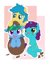 Size: 1256x1630 | Tagged: safe, artist:vitriolink, banned from derpibooru, deleted from derpibooru, derpibooru import, oc, oc:bonded friendship, oc:cobalt arrow, oc:vitriol ink, unofficial characters only, pony, baby, baby pony, chocolate, diaper, foal, food