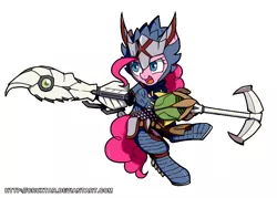 Size: 950x680 | Tagged: safe, artist:cruxtar, banned from derpibooru, deleted from derpibooru, derpibooru import, pinkie pie, insect, pony, armor, bipedal, fantasy class, glaive, insect glaive, monster hunter, simple background, solo, warrior, weapon